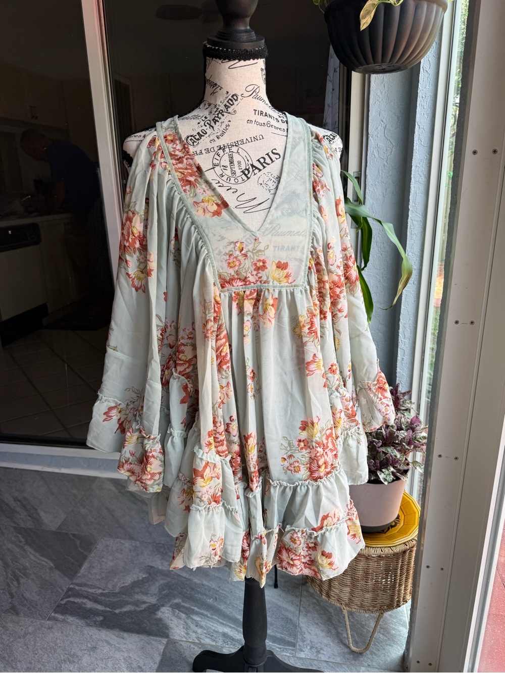 Floral Ruffled Babydoll Dress Tunic - Pale Mint with Coral Flowers